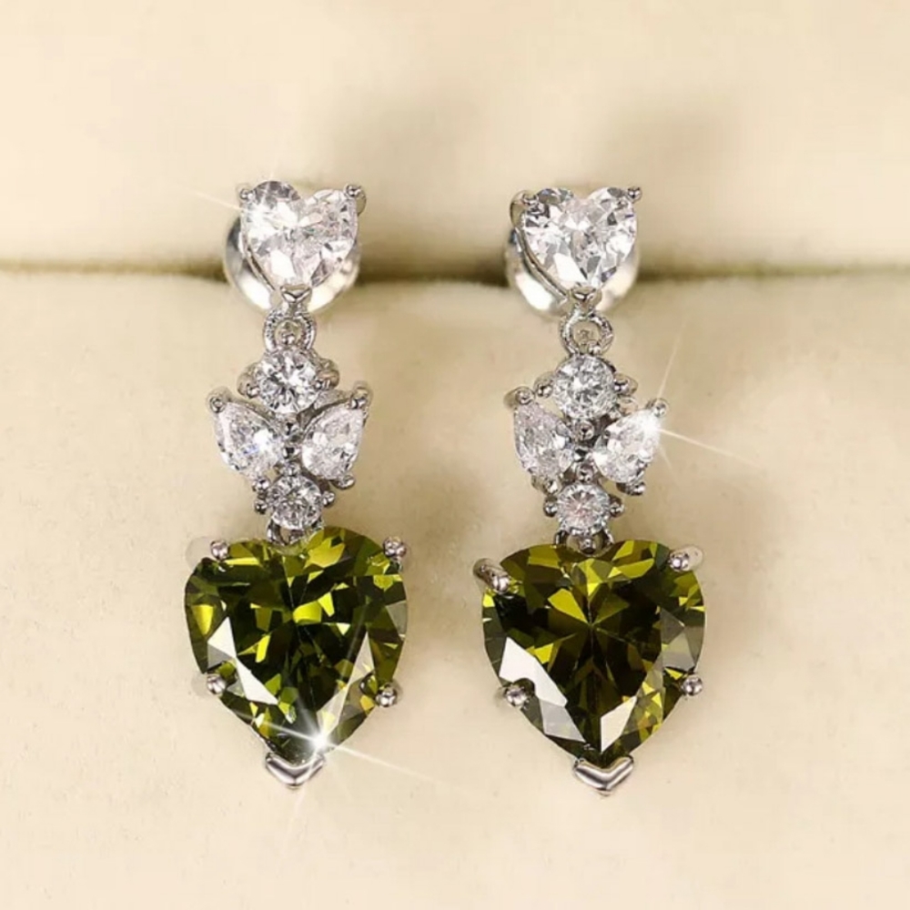 🎀925 Peridot Heart Diamond Accent Drop Earrings - Picture 6 of 8